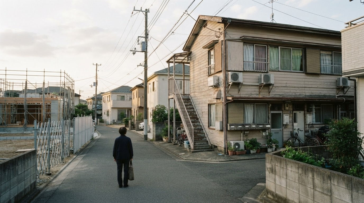 老朽アパートの前で建て替えか転用かを検討する土地オーナーのイメージ